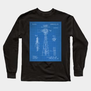 Windmill Patent - Farmer Rancher Country Farmhouse Art - Blueprint Long Sleeve T-Shirt